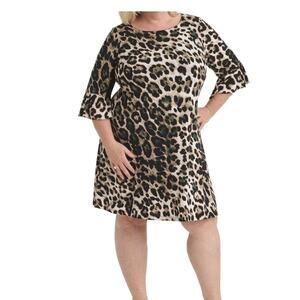 Jessica Howard Leopard Print Green Accent Bell Sleeve Jersey Shift Dress 14W